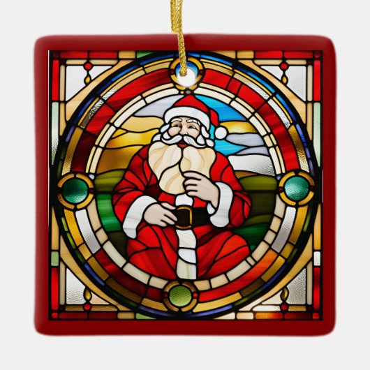 Faux Stained Glass Sitting Santa  セラミックオーナメント (正面)