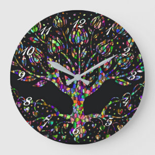 Faux Stained Glass Tree Of Prosperity Round Clock ラージ壁時計