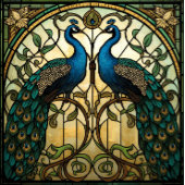 Faux Stained Glass Twin Mirrored Peacocks 薄葉紙