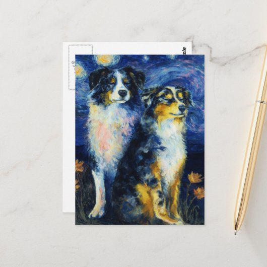 Faux Van Gogh Two Austrailian Shepherds ポストカード (正面/裏面インサイチュ)