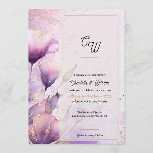  Faux Vellum Luxury Monogram Floral Wedding 招待状 (正面)