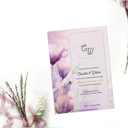  Faux Vellum Luxury Monogram Floral Wedding 招待状