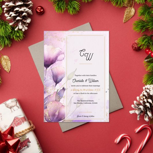Faux Vellum Purple Floral Monogram Wedding アクリル招待状 (インサイチュ (クリスマス))