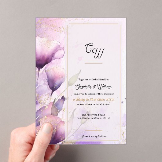 Faux Vellum Purple Floral Monogram Wedding アクリル招待状 (インサイチュ (ポータブル))