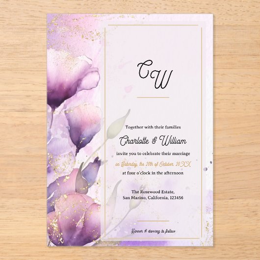 Faux Vellum Purple Floral Monogram Wedding アクリル招待状 (正面)