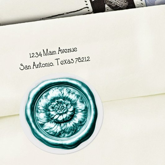 Faux Wax Seal Peony Turquoise Blue ラウンドシール