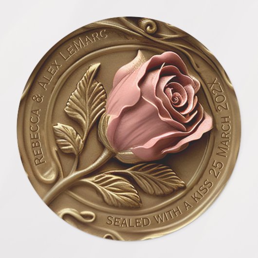 Faux Wax Stamp Envelope Seal Gold Pink Rose Flower ラベル (デザイン2)
