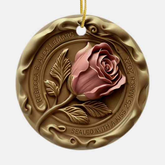 Faux Wax Stamp Gold Pink Rose Flower Anniversary セラミックオーナメント (正面)