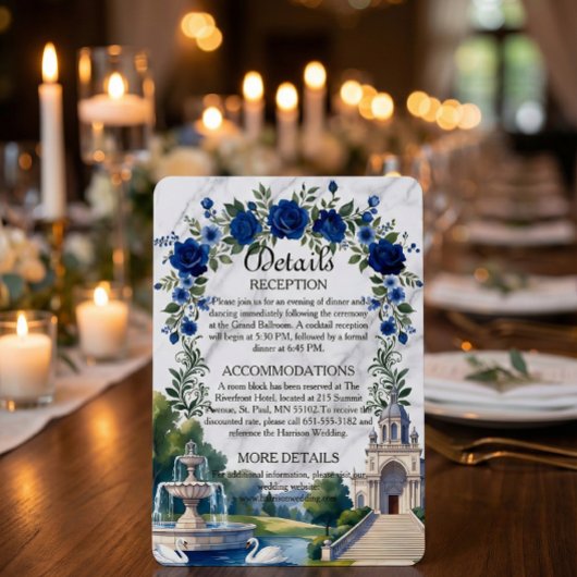 Faux White Marble & Blue Watercolor Floral Estate エンクロージャーカード