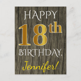 Faux Wood, Faux Gold 18th Birthday + Custom Name ポストカード
