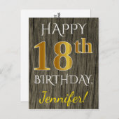 Faux Wood, Faux Gold 18th Birthday + Custom Name ポストカード (正面/裏面)