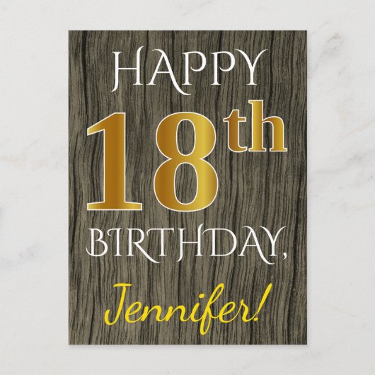 Faux Wood, Faux Gold 18th Birthday + Custom Name ポストカード (正面)