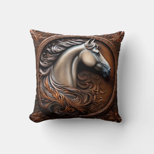 Faux Wooden Carved Horse Throw Pillow クッション (正面)