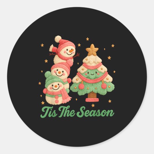 Faux Yarn Crochet Snowman And Christmas Tree  ラウンドシール (正面)