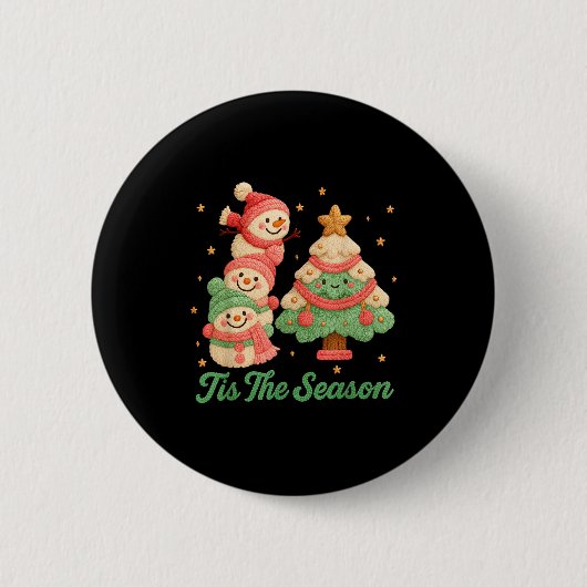 Faux Yarn Crochet Snowman And Christmas Tree  缶バッジ (正面)