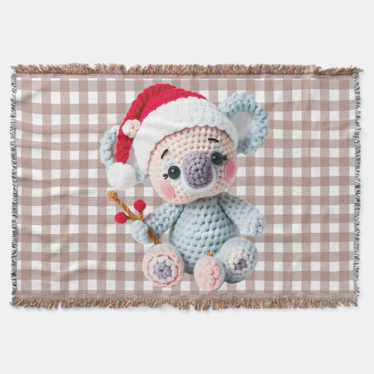 Faux Yarn Notch-Hook Koala Christmas Design スローブランケット (正面)