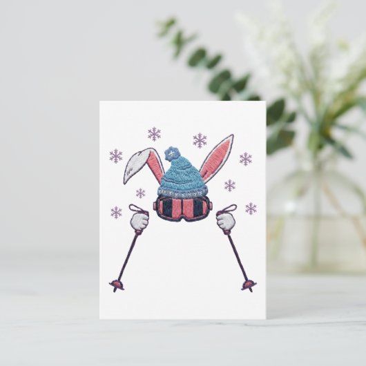 Faux yarn skiing rabbit winter humor ポストカード (スタンド正面)
