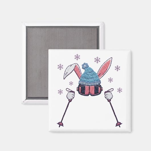 Faux yarn skiing rabbit winter humor マグネット (正面/裏面)