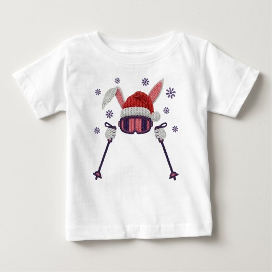 Faux yarn skiing rabbit with Santa hat winter humo ベビーTシャツ (正面)