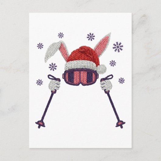Faux yarn skiing rabbit with Santa hat winter humo ポストカード (正面)
