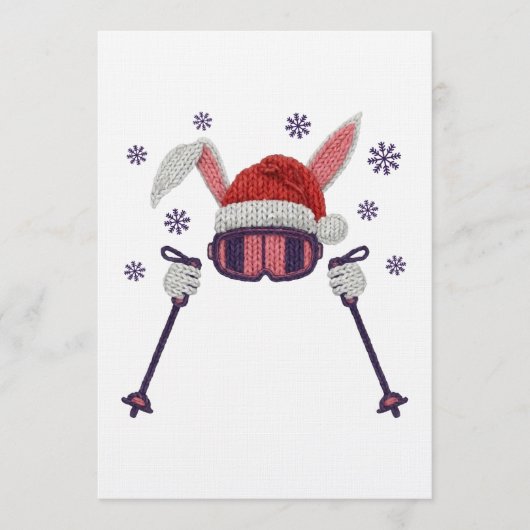 Faux yarn skiing rabbit with Santa hat winter humo 招待状 (正面)