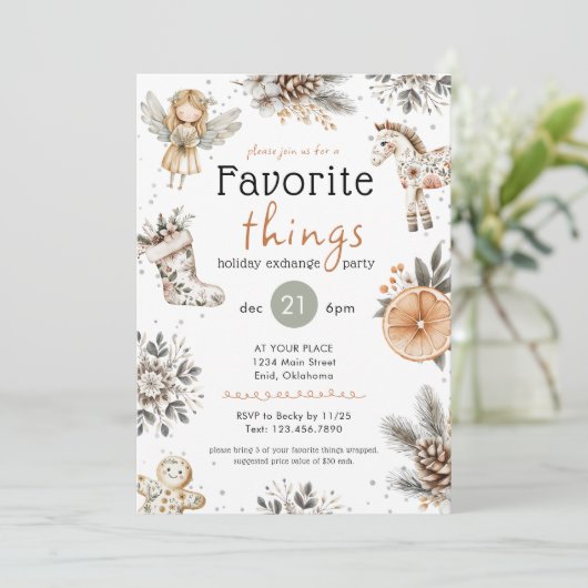 Favorite Things Boho Gift Exchange Holiday Party 招待状 (スタンド正面)