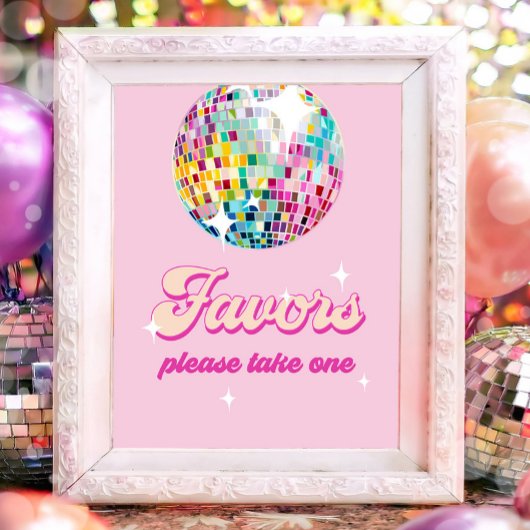 Favors Disco Ball Retro Groovy Girl Pink Birthday ポスター
