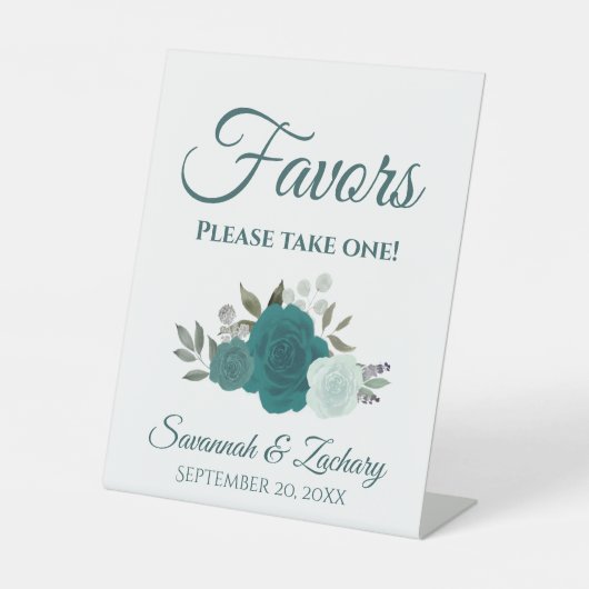 Favors Take One Teal Aqua Turquoise Roses Wedding 台座サイン (正面)