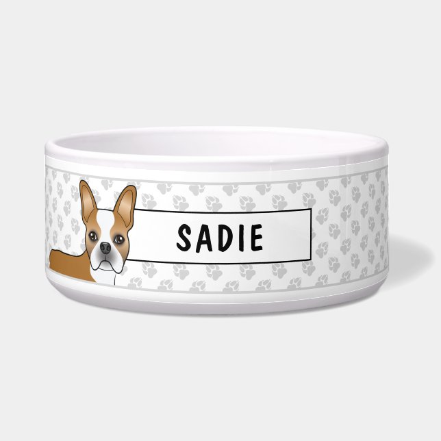 FawnとWhite Boston Terrier Cartoon Dog & Name ボウル (正面)