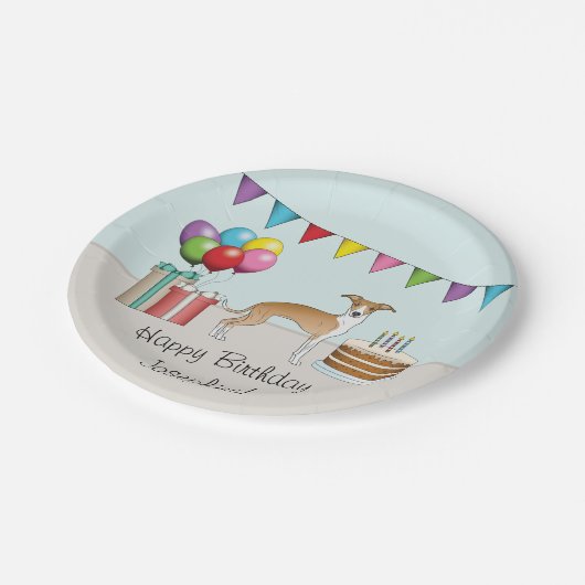 FawnとWhite Greyhoundイタリアンのカラフル誕生日 ペーパープレート (アングル)