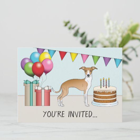FawnとWhite Greyhoundイタリアンのカラフル誕生日 招待状 (スタンド正面)