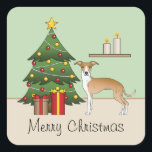 FawnとWhite Greyhoundイタリアン & Christmas Tree スクエアシール<br><div class="desc">可愛い子犬と白いコートカラーのGreyhound犬のデステイのオリジナル漫画イタリアンイラストレーション。犬は赤と黄色のオーナメントと白い飾真珠の花輪と木の上に置かれた黄色い星を持つフェスティバルのクリスマスツリーの横に立っている。木のそばには包まれたプレゼントが2本あり、犬の後ろにキャンドルが2本ある茶色の棚がある。床の色はベージュで、背景の壁の色はライトグリーン。現在はパーソナル化された文字エリア読も存在する： "Merry Christmas".</div>