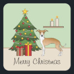 FawnとWhite Greyhoundイタリアン & Christmas Tree スクエアシール<br><div class="desc">可愛い子犬と白いコートカラーのGreyhound犬のデステイのオリジナル漫画イタリアンイラストレーション。犬は赤と黄色のオーナメントと白い飾真珠の花輪と木の上に置かれた黄色い星を持つフェスティバルのクリスマスツリーの横に立っている。木のそばには包まれたプレゼントが2本あり、犬の後ろにキャンドルが2本ある茶色の棚がある。床の色はベージュで、背景の壁の色はライトグリーン。現在はパーソナル化された文字エリア読も存在する： "Merry Christmas".</div>