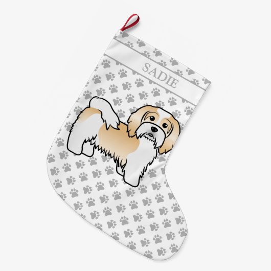 FawnとWhite Havanかわいい漫画の犬と名前 ラージクリスマスストッキング (正面 (吊り時))