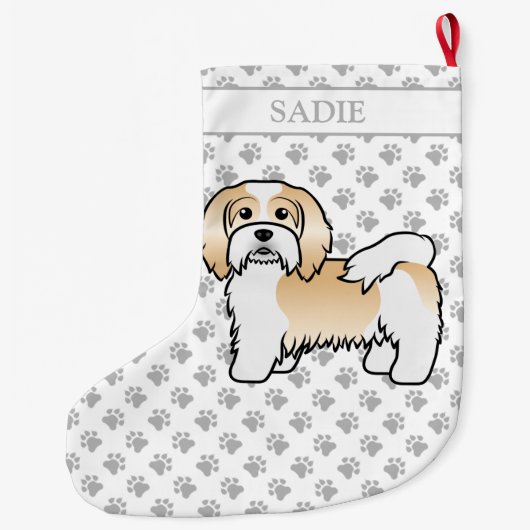 FawnとWhite Havanかわいい漫画の犬と名前 ラージクリスマスストッキング (裏面)