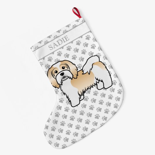 FawnとWhite Havanかわいい漫画の犬と名前 ラージクリスマスストッキング (裏面 (吊り時))