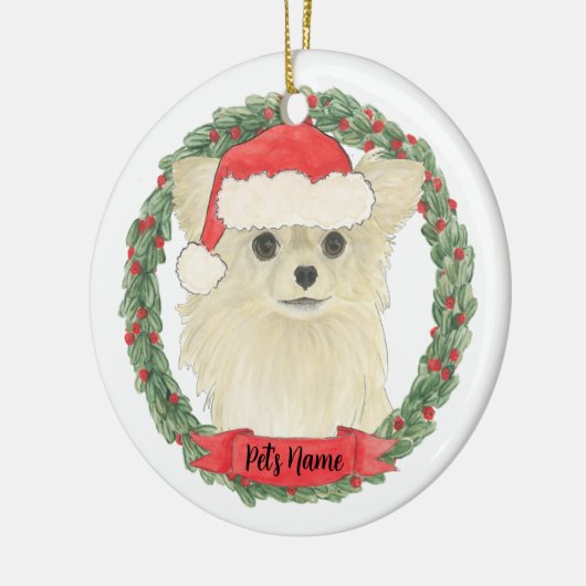 FAWNタンパーソナライズされたクリームロングヘアチワワ セラミックオーナメント (左)