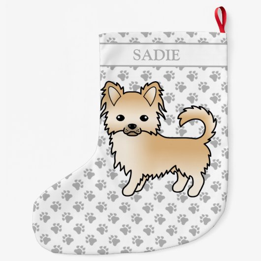 FawnロングコートChihuahua漫画の犬と名前 ラージクリスマスストッキング (裏面)