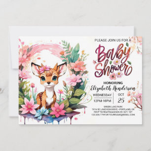 Fawn Adventure Pink Girl Baby Shower 招待状