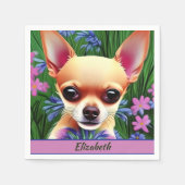 Fawn Chihuahua子犬の花の牧草地パーソナライズされた スタンダードカクテルナプキン (正面)