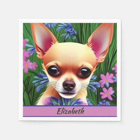 Fawn Chihuahua子犬の花の牧草地パーソナライズされた スタンダードカクテルナプキン (正面)