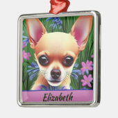 Fawn Chihuahua子犬の花の牧草地パーソナライズされた メタルオーナメント (左)