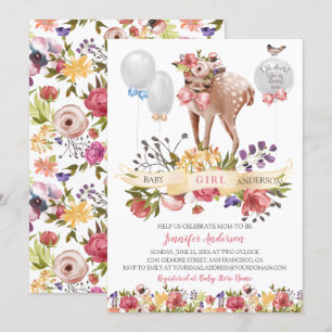Fawn Flowers Ballowns Baby Girl Shower 招待状