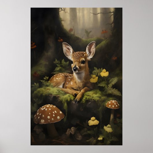 Fawn Print, Baby Deer In Dark Green Forest ポスター (正面)