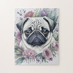 Fawn Pugパーソナライズされた Waterカラーフローラ ジグソーパズル