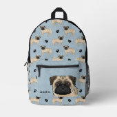 Fawn Pug Dog Mopsデザインパターン（青） プリントバックパック (正面)