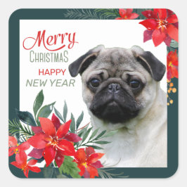 Fawn Pug Dog Poinsettiaブーケクリスマス スクエアシール