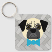 Fawn Pug with bowtie, Herringbone grey キーホルダー (正面)