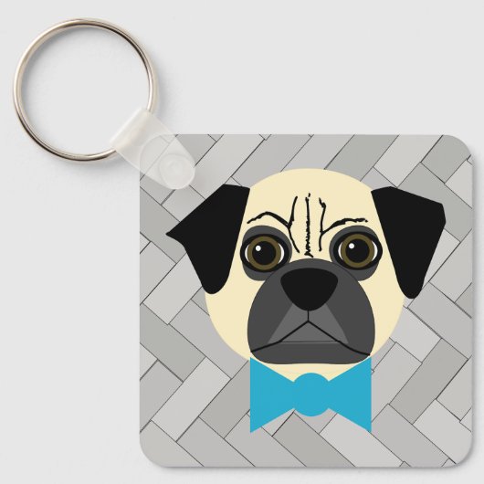 Fawn Pug with bowtie, Herringbone grey キーホルダー (正面)