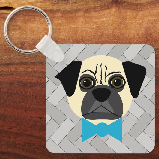 Fawn Pug with bowtie, Herringbone grey キーホルダー (正面)